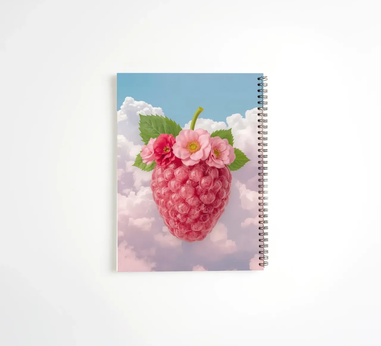 Pink Raspberry with Flowers and Leaves in Sky spiral notebook by DesignDoodle