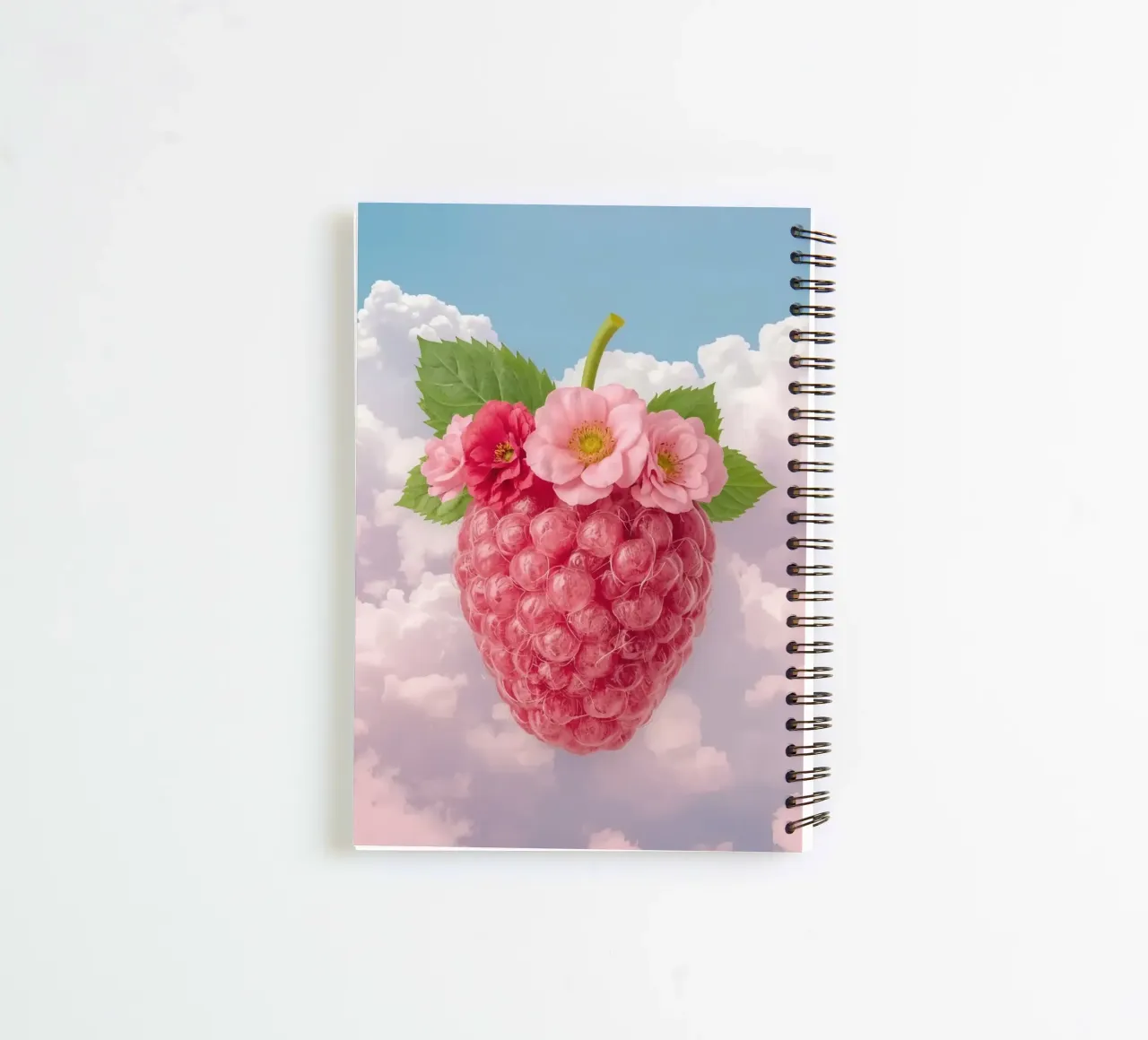 Pink Raspberry with Flowers and Leaves in Sky spiral notebook by DesignDoodle