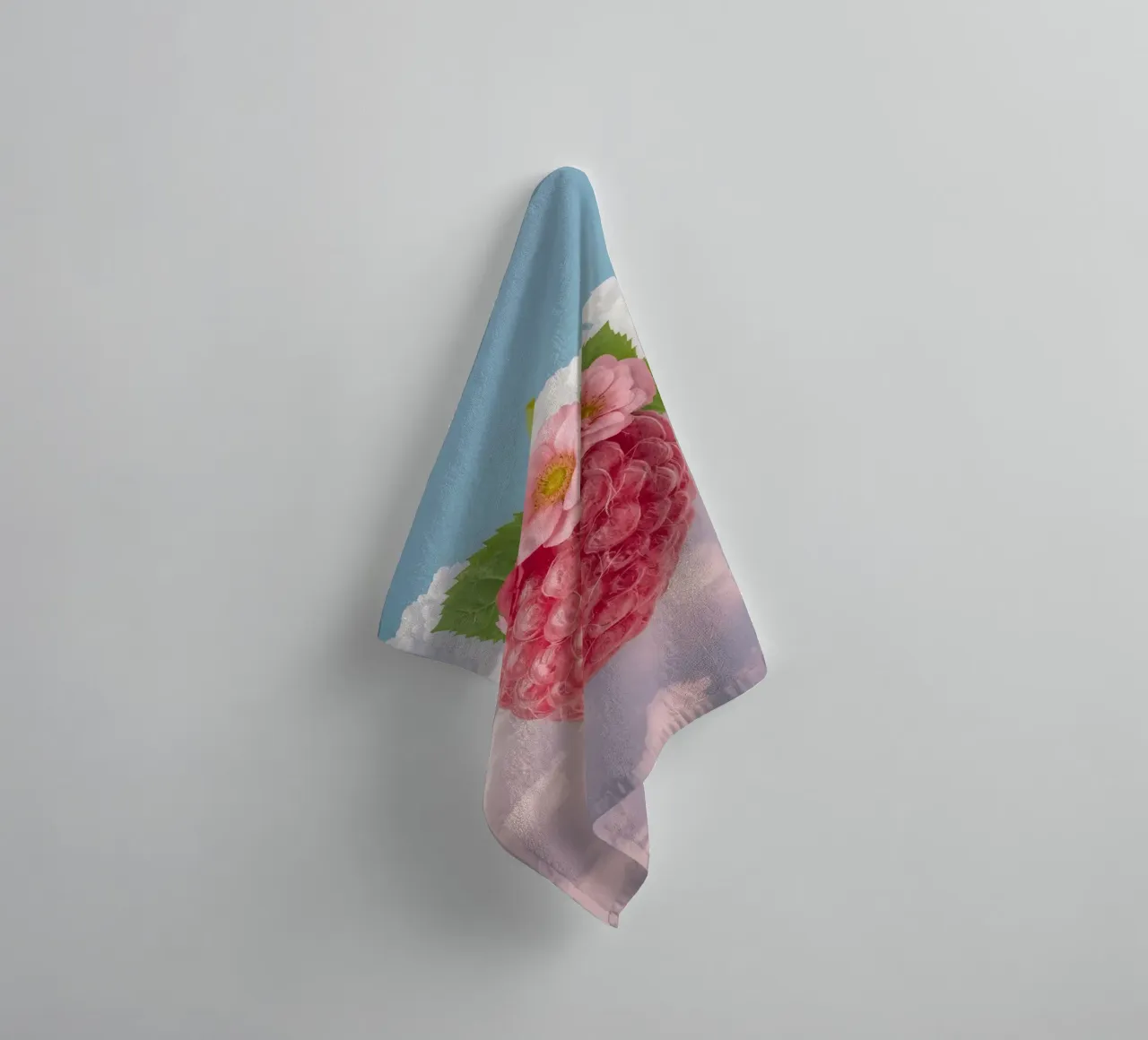 Pink Raspberry with Flowers and Leaves in Sky towel by DesignDoodle
