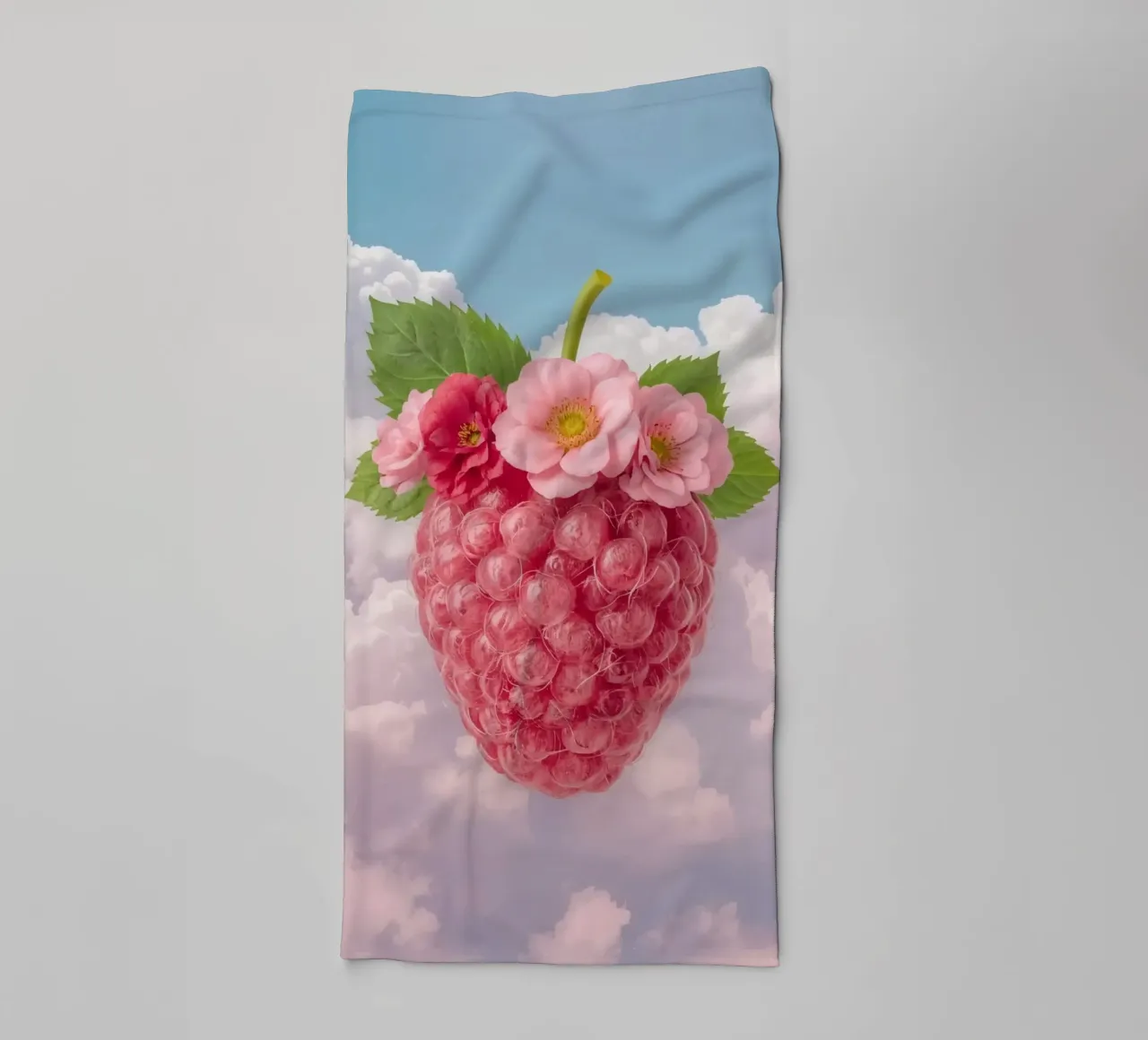 Pink Raspberry with Flowers and Leaves in Sky towel by DesignDoodle