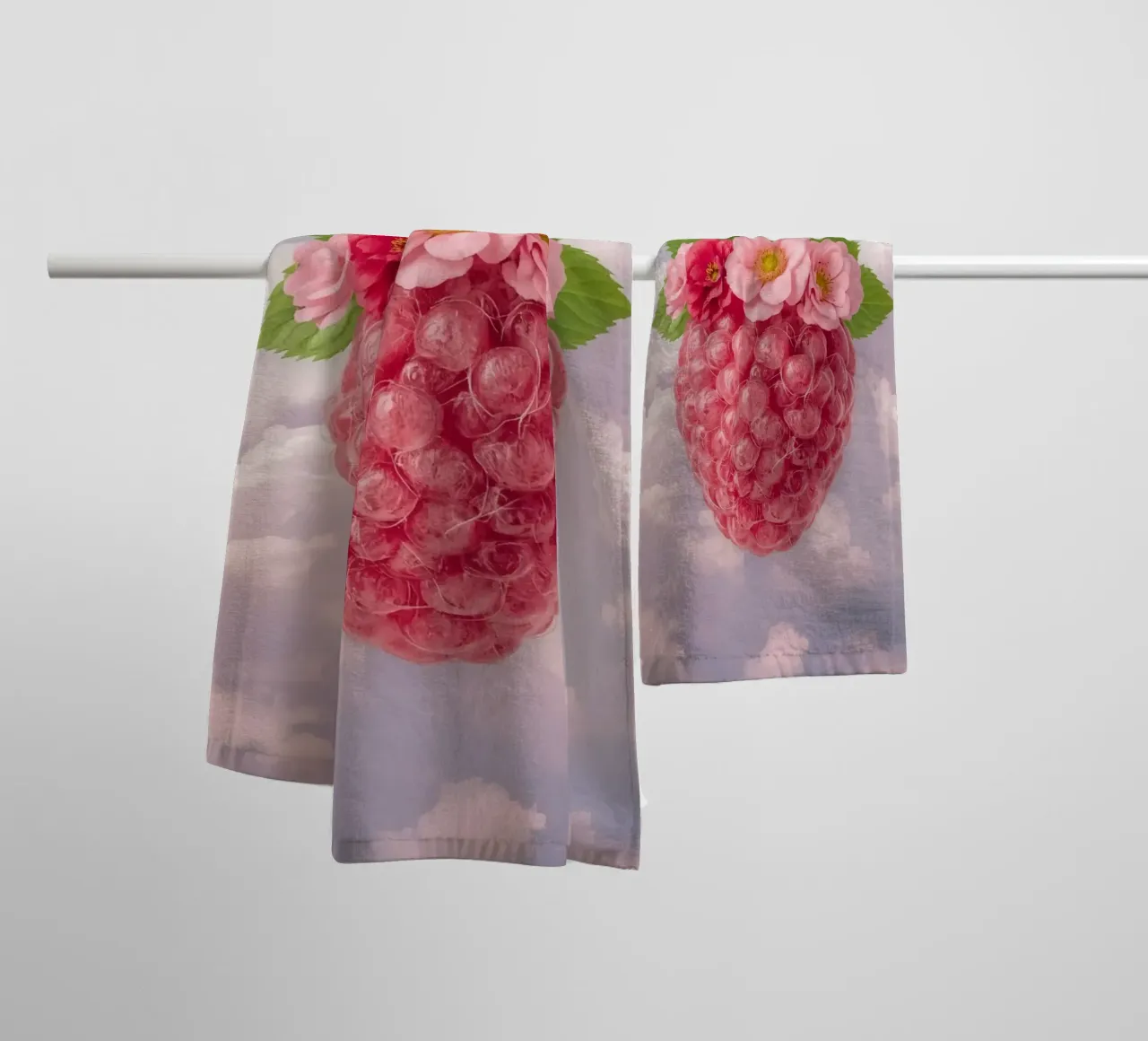 Pink Raspberry with Flowers and Leaves in Sky towel by DesignDoodle