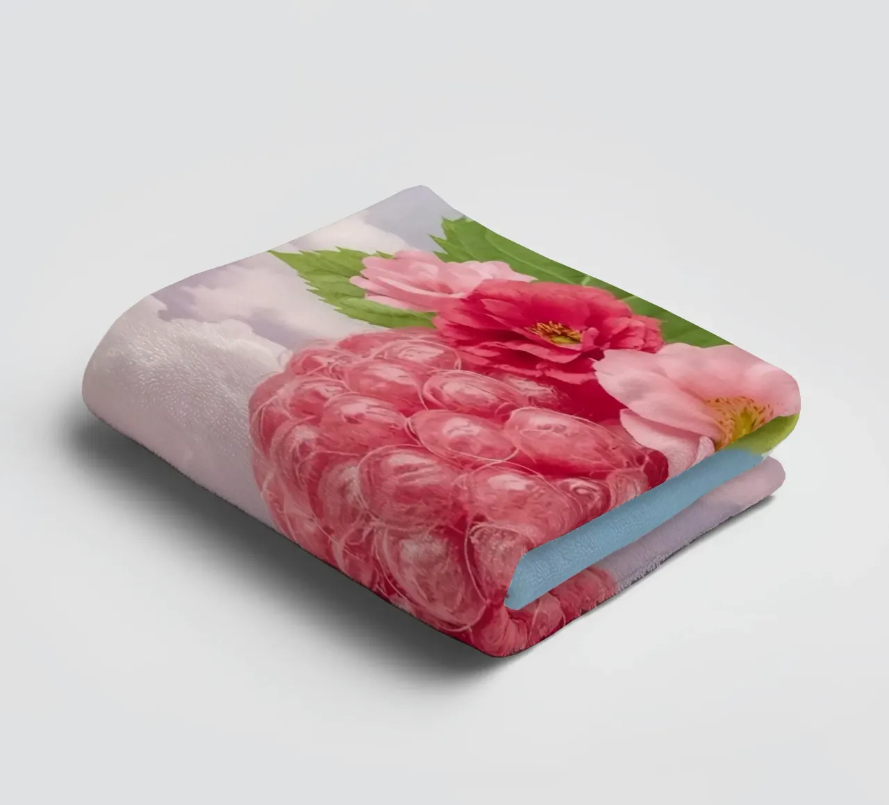 Pink Raspberry with Flowers and Leaves in Sky towel by DesignDoodle