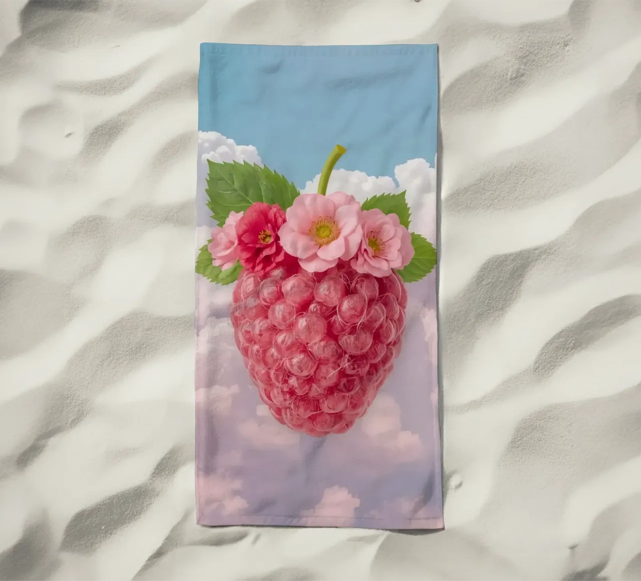 Lampone rosa con fiori e foglie nel cielo telo mare da DesignDoodle