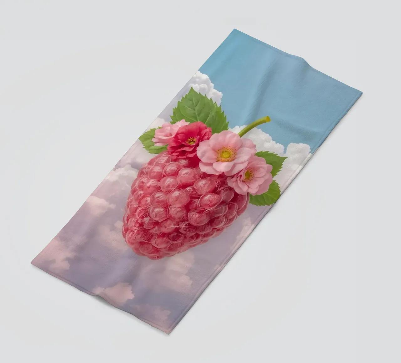 Lampone rosa con fiori e foglie nel cielo telo mare da DesignDoodle