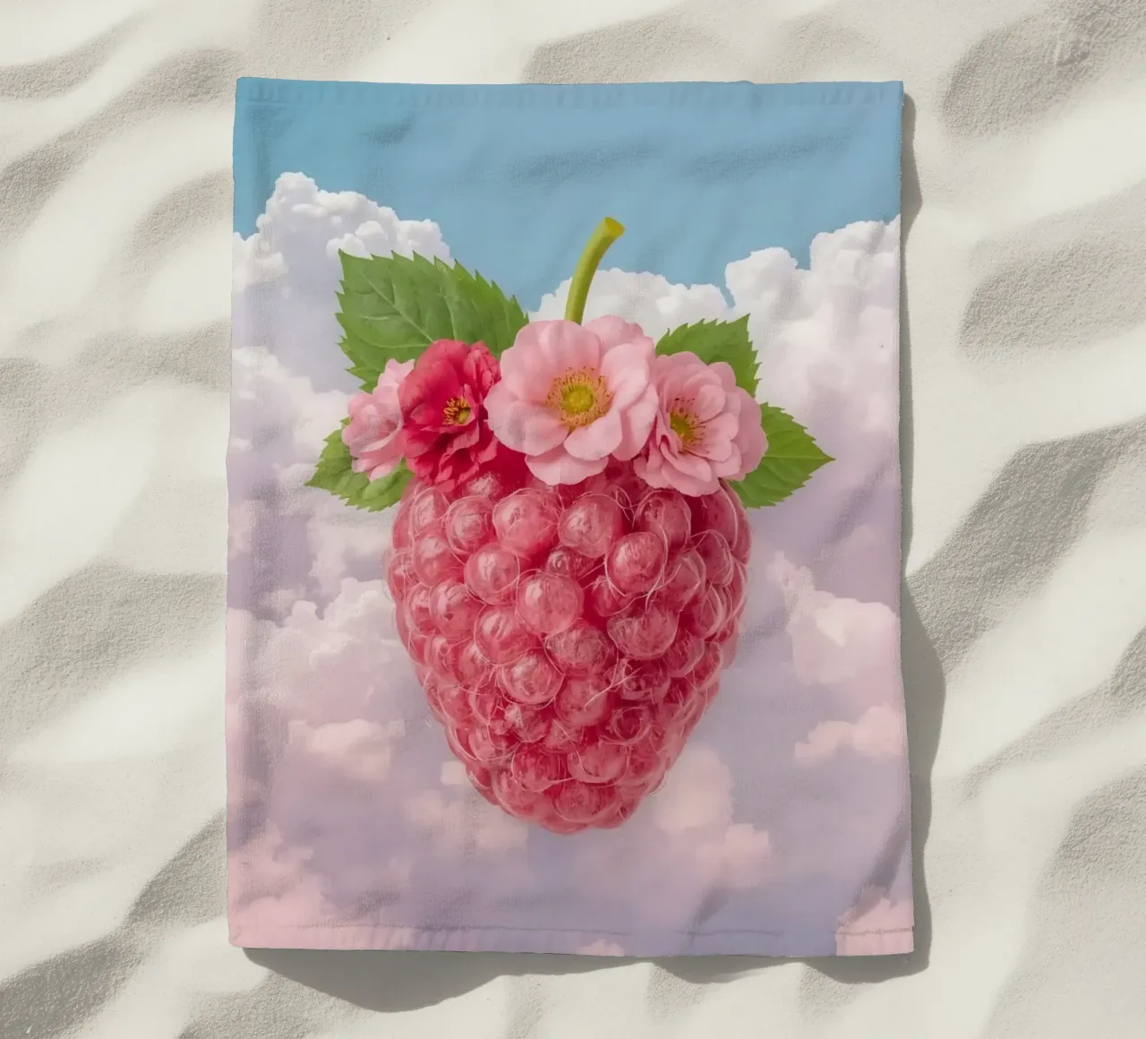 Lampone rosa con fiori e foglie nel cielo telo mare da DesignDoodle