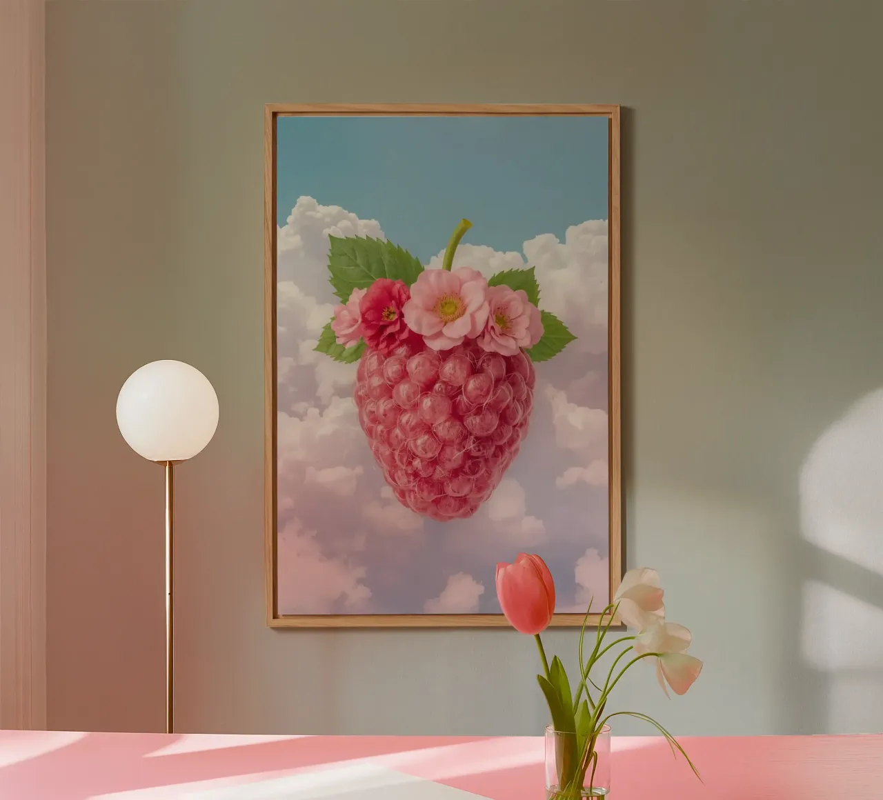 Lampone rosa con fiori e foglie nel cielo pannello forex da DesignDoodle