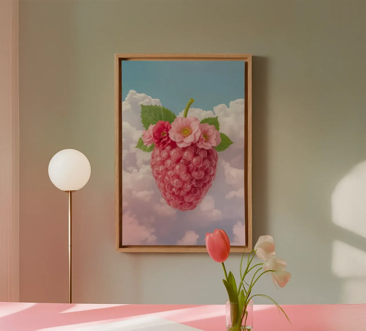 Pink Raspberry with Flowers and Leaves in Sky canvas by DesignDoodle