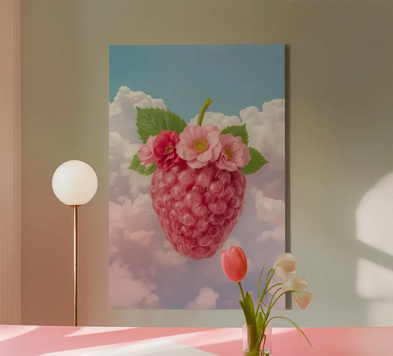 Pink Raspberry with Flowers and Leaves in Sky canvas by DesignDoodle