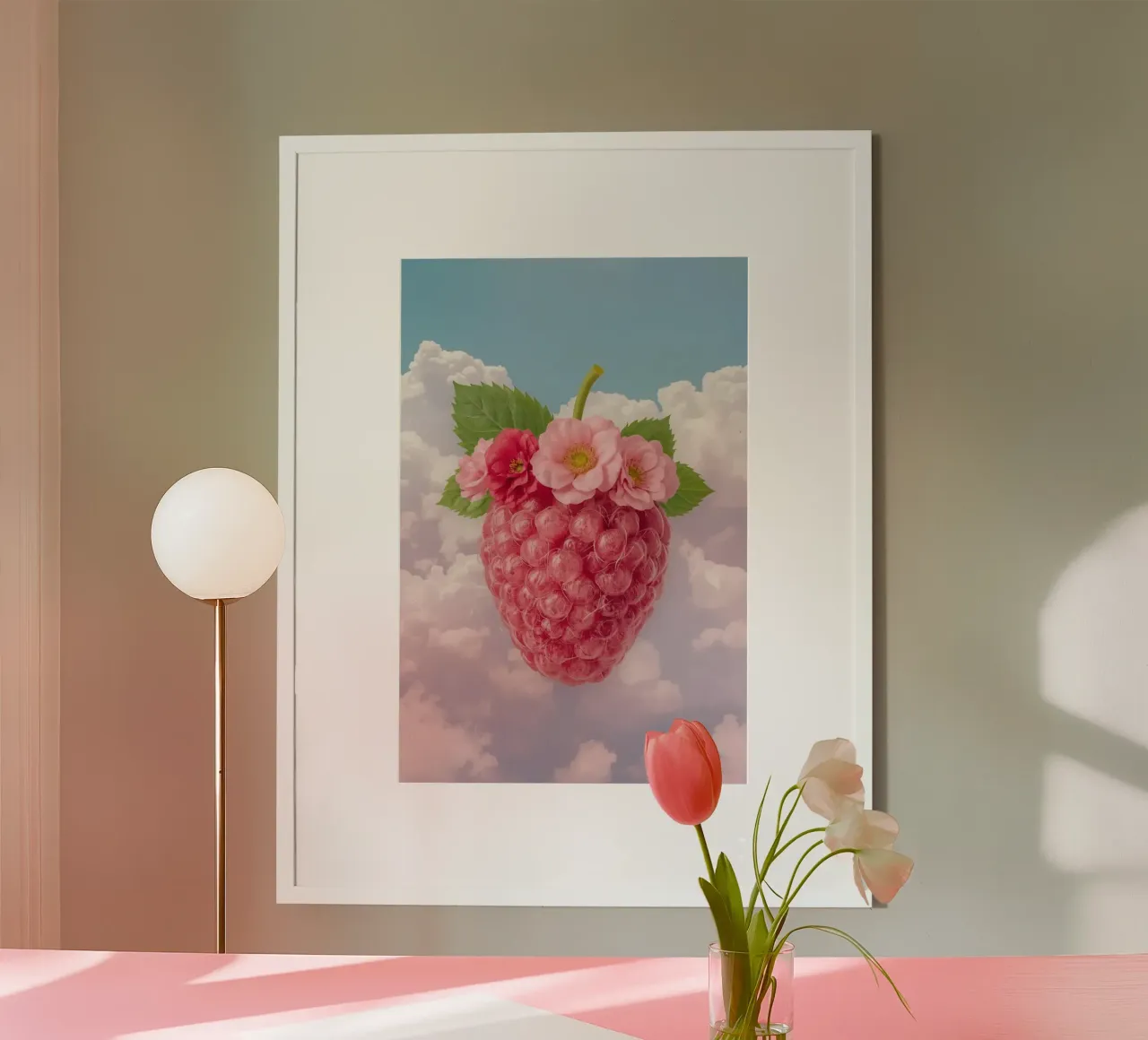 Lampone rosa con fiori e foglie nel cielo carta hahnemühle da DesignDoodle