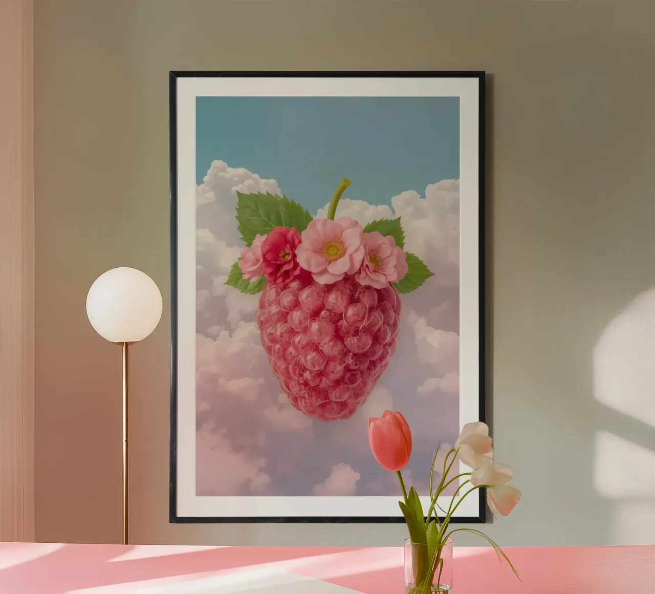 Lampone rosa con fiori e foglie nel cielo carta hahnemühle da DesignDoodle