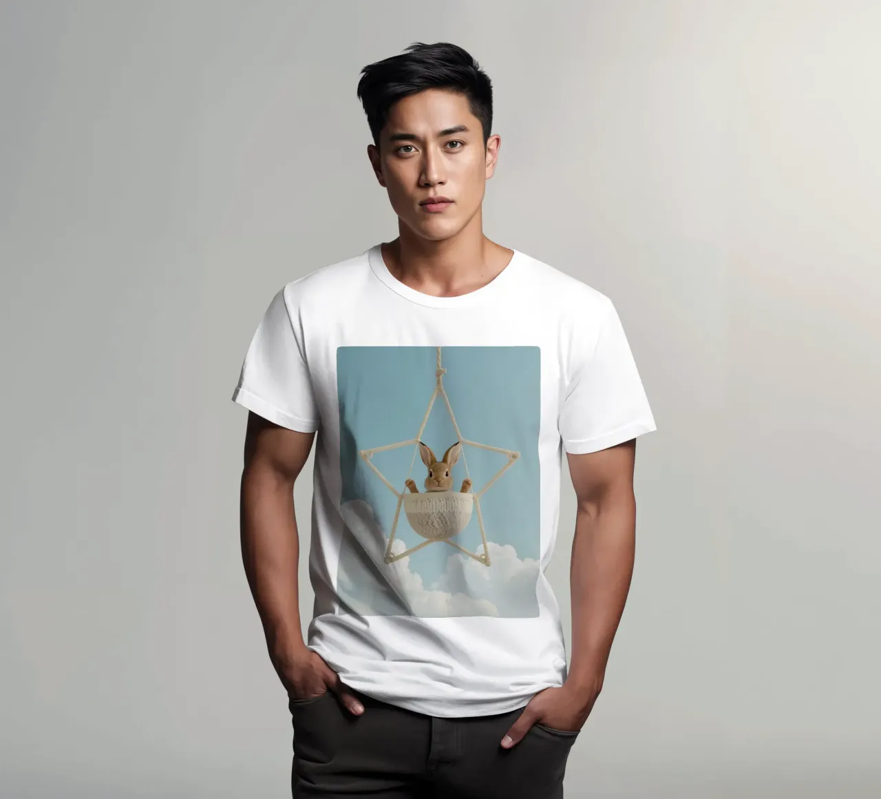 Funny Cute Rabbit in a Star-Shaped Rope Swing (lapin mignon dans une balançoire en corde en forme d'étoile) t-shirt de DesignDoodle