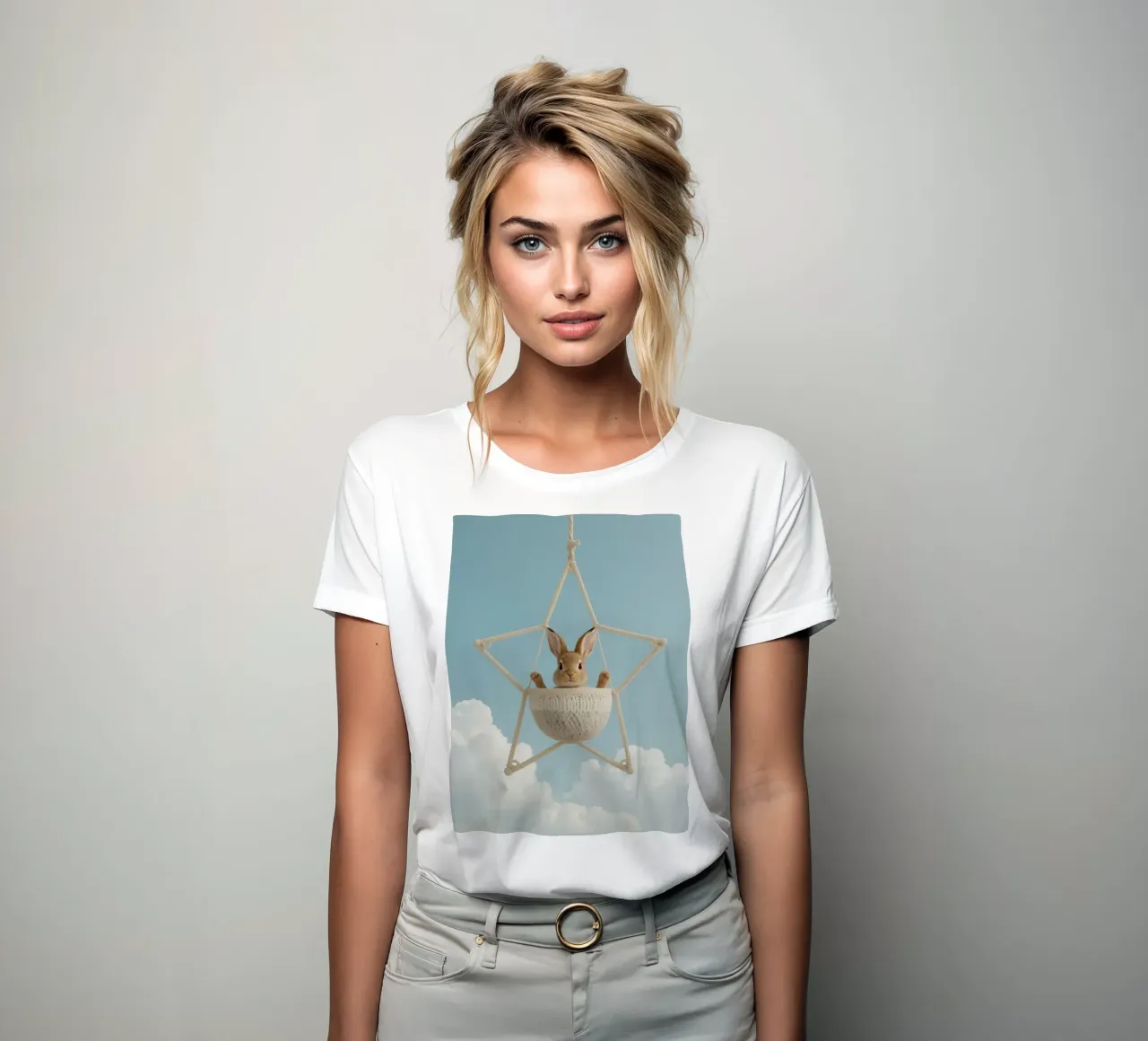 Funny Cute Rabbit in a Star-Shaped Rope Swing (lapin mignon dans une balançoire en corde en forme d'étoile) t-shirt ajusté pour femmes de DesignDoodle