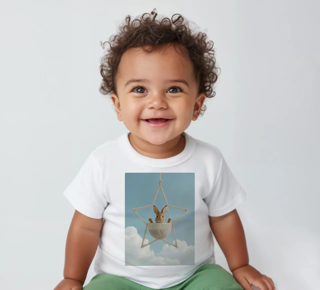 Funny Cute Rabbit in a Star-Shaped Rope Swing (lapin mignon dans une balançoire en corde en forme d'étoile) t-shirt pour bébé de DesignDoodle