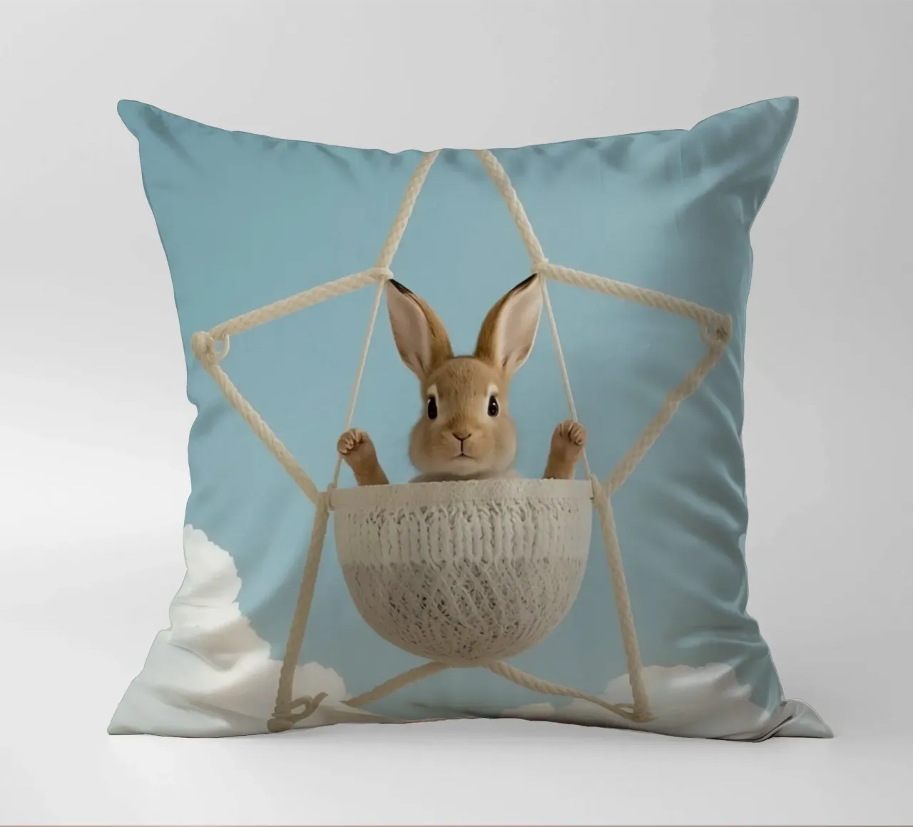 Funny Cute Rabbit in a Star-Shaped Rope Swing (lapin mignon dans une balançoire en corde en forme d'étoile) coussin de DesignDoodle