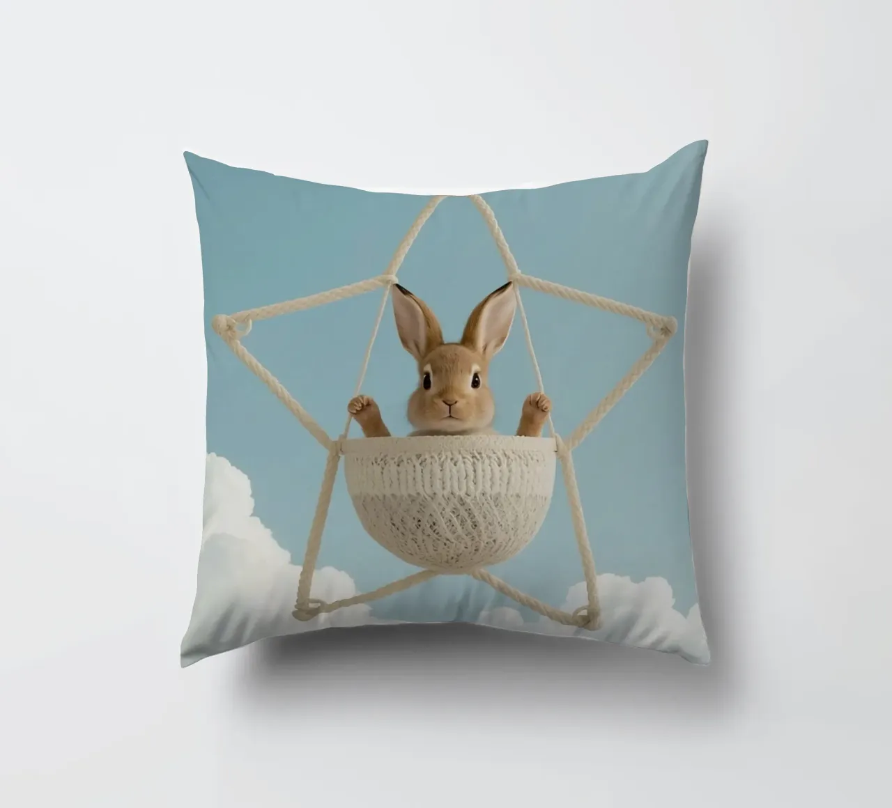 Funny Cute Rabbit in a Star-Shaped Rope Swing (lapin mignon dans une balançoire en corde en forme d'étoile) coussin de DesignDoodle