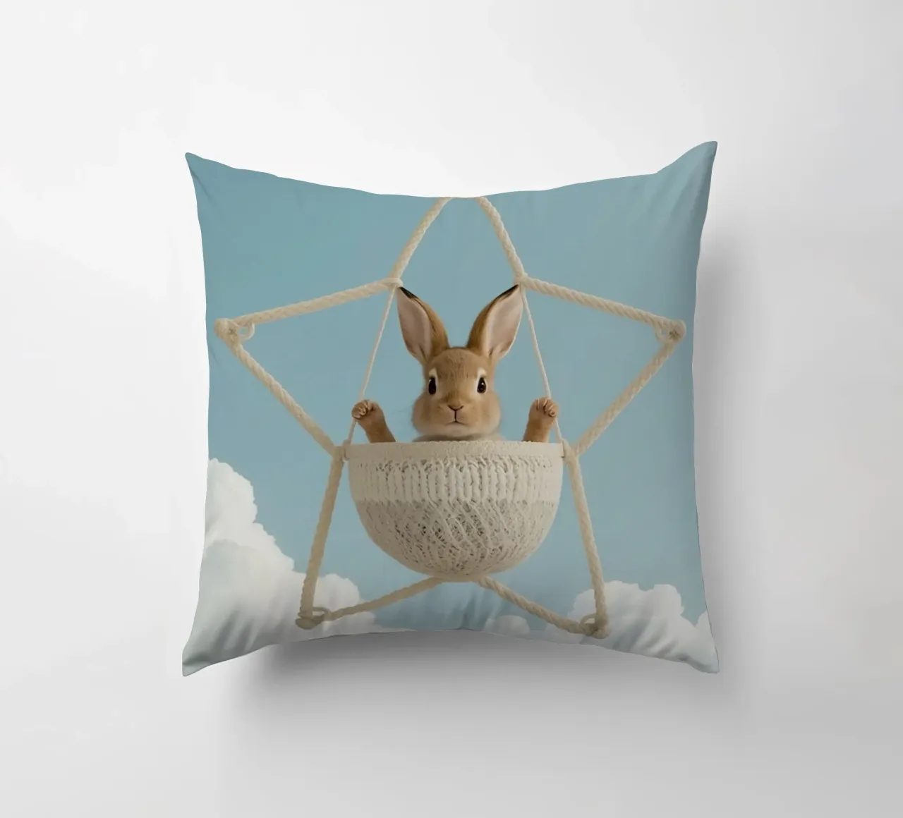 Funny Cute Rabbit in a Star-Shaped Rope Swing (lapin mignon dans une balançoire en corde en forme d'étoile) coussin de DesignDoodle