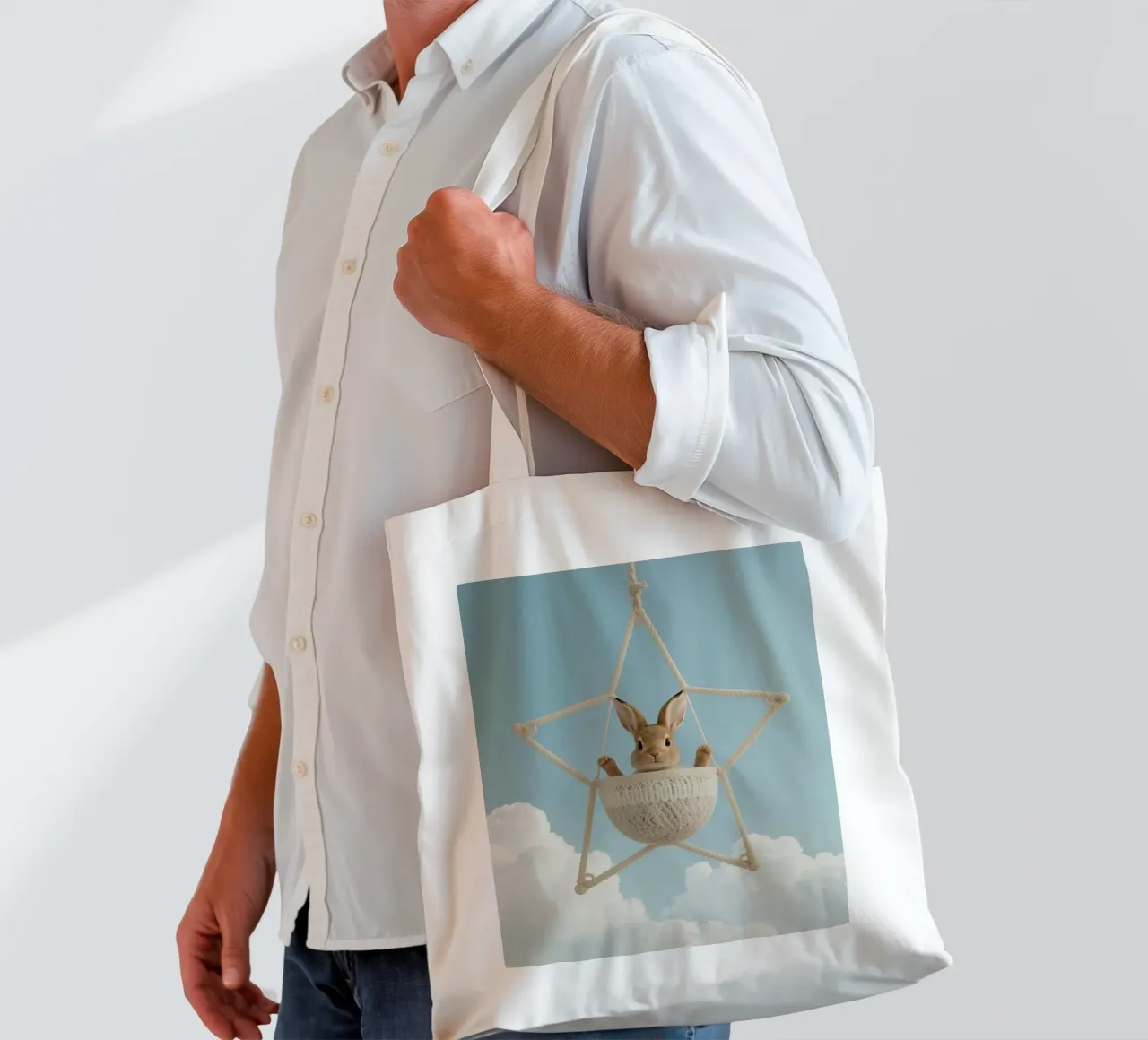 Funny Cute Rabbit in a Star-Shaped Rope Swing (lapin mignon dans une balançoire en corde en forme d'étoile) tote bag de DesignDoodle