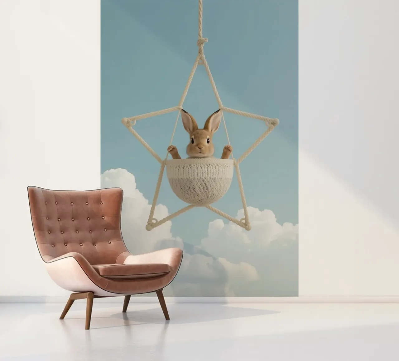 Funny Cute Rabbit in a Star-Shaped Rope Swing (lapin mignon dans une balançoire en corde en forme d'étoile) papier peint photo de DesignDoodle