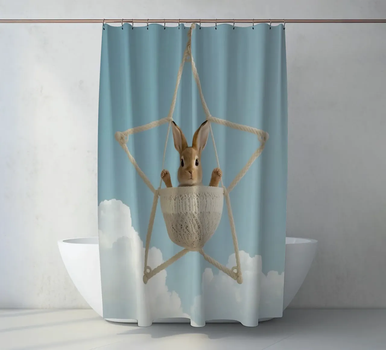 Funny Cute Rabbit in a Star-Shaped Rope Swing (lapin mignon dans une balançoire en corde en forme d'étoile) rideau de douche de DesignDoodle