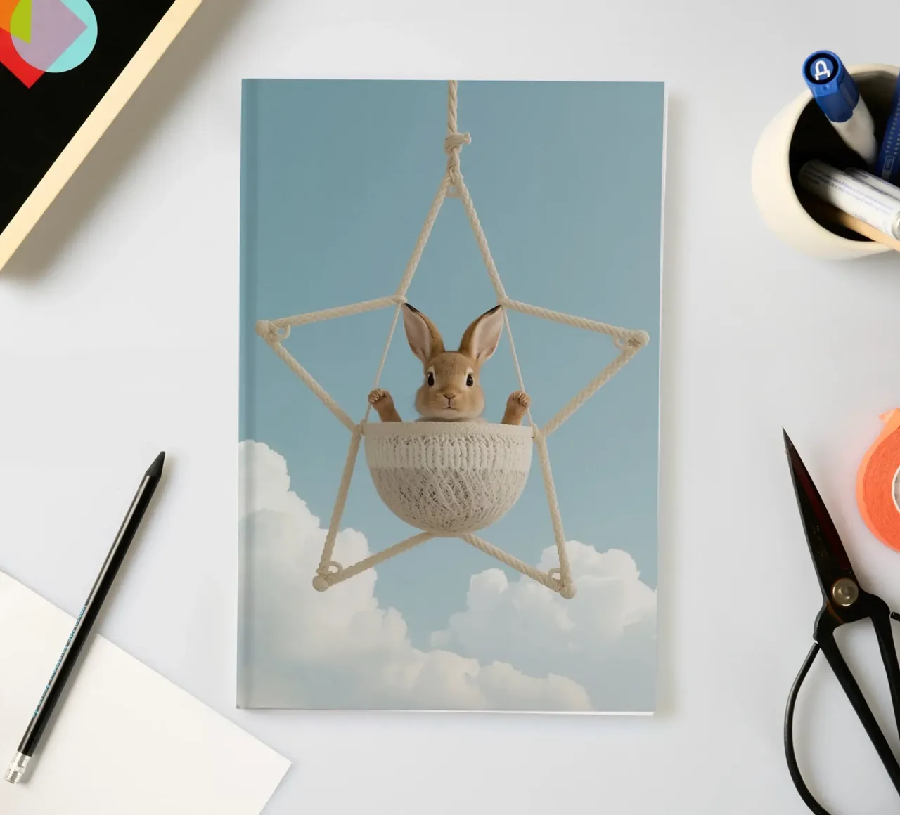 Funny Cute Rabbit in a Star-Shaped Rope Swing (lapin mignon dans une balançoire en corde en forme d'étoile) carnet de notes de DesignDoodle