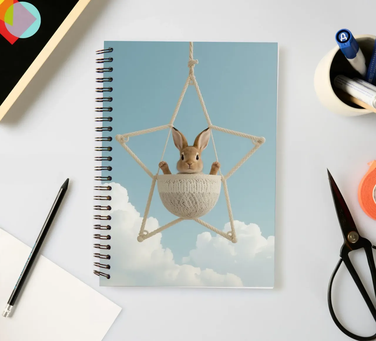 Funny Cute Rabbit in a Star-Shaped Rope Swing (lapin mignon dans une balançoire en corde en forme d'étoile) carnet à spirale de DesignDoodle