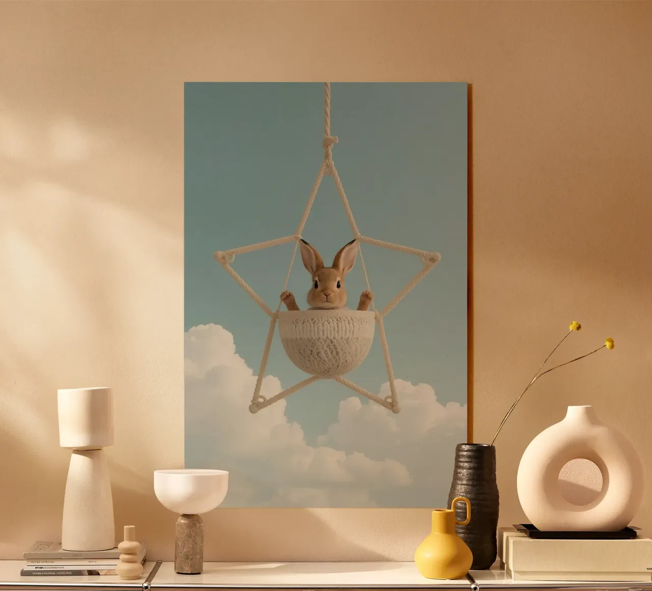 Funny Cute Rabbit in a Star-Shaped Rope Swing (lapin mignon dans une balançoire en corde en forme d'étoile) plexiglas de DesignDoodle