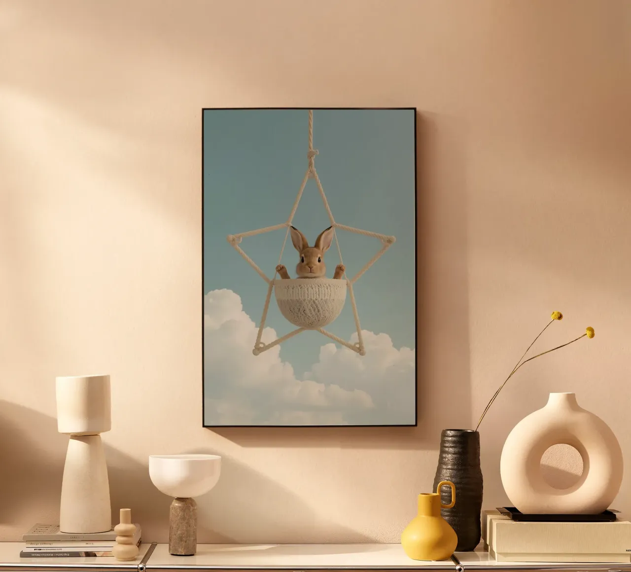 Funny Cute Rabbit in a Star-Shaped Rope Swing (lapin mignon dans une balançoire en corde en forme d'étoile) alu dibond de DesignDoodle