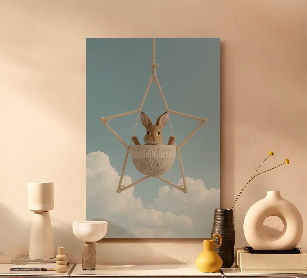 Funny Cute Rabbit in a Star-Shaped Rope Swing (lapin mignon dans une balançoire en corde en forme d'étoile) alu dibond de DesignDoodle