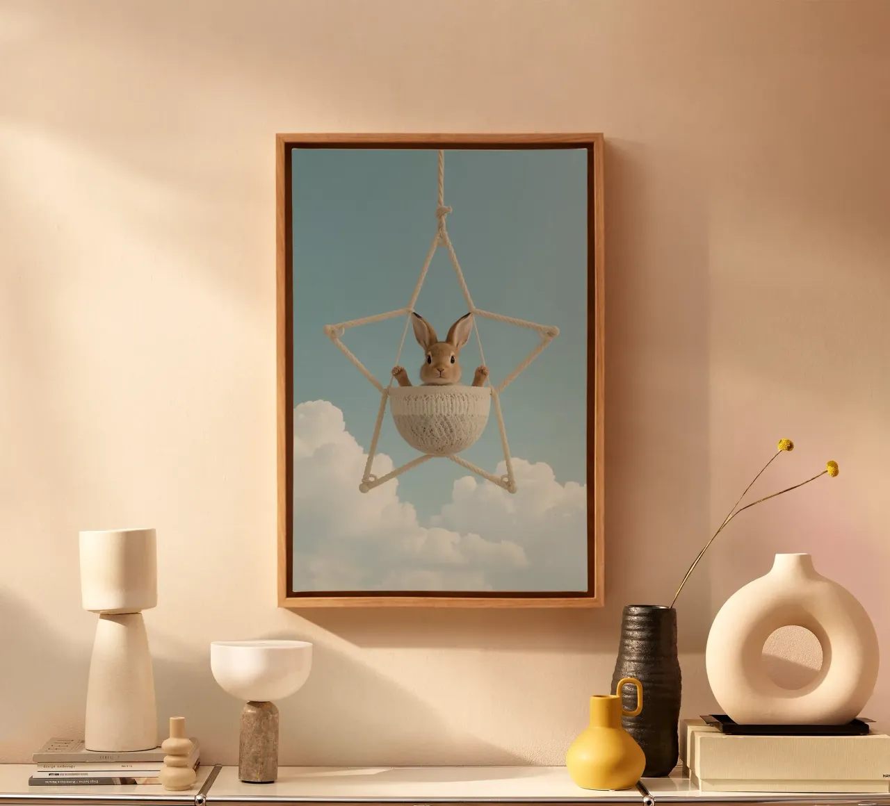 Funny Cute Rabbit in a Star-Shaped Rope Swing (lapin mignon dans une balançoire en corde en forme d'étoile) toile de DesignDoodle