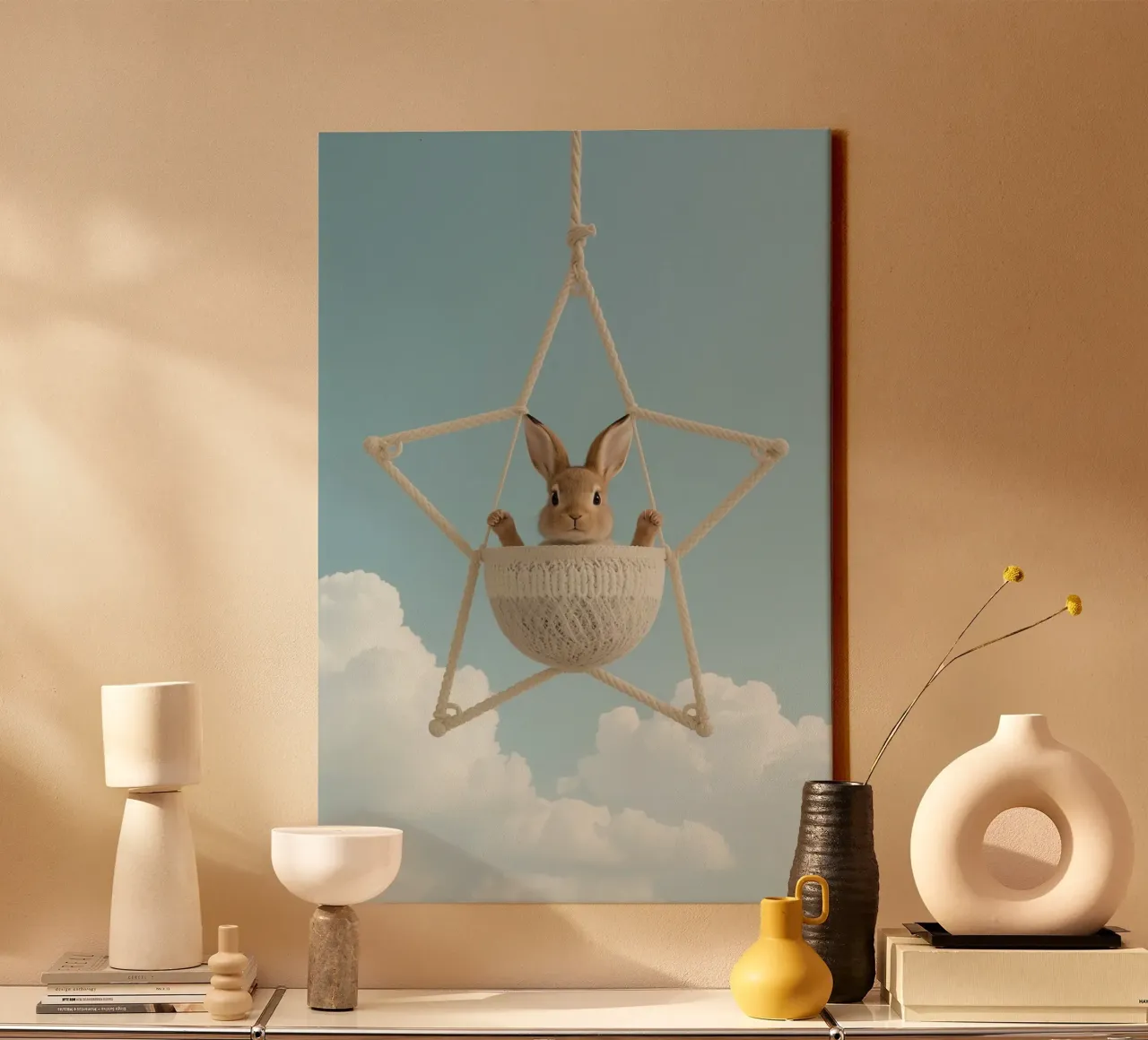 Funny Cute Rabbit in a Star-Shaped Rope Swing (lapin mignon dans une balançoire en corde en forme d'étoile) toile de DesignDoodle