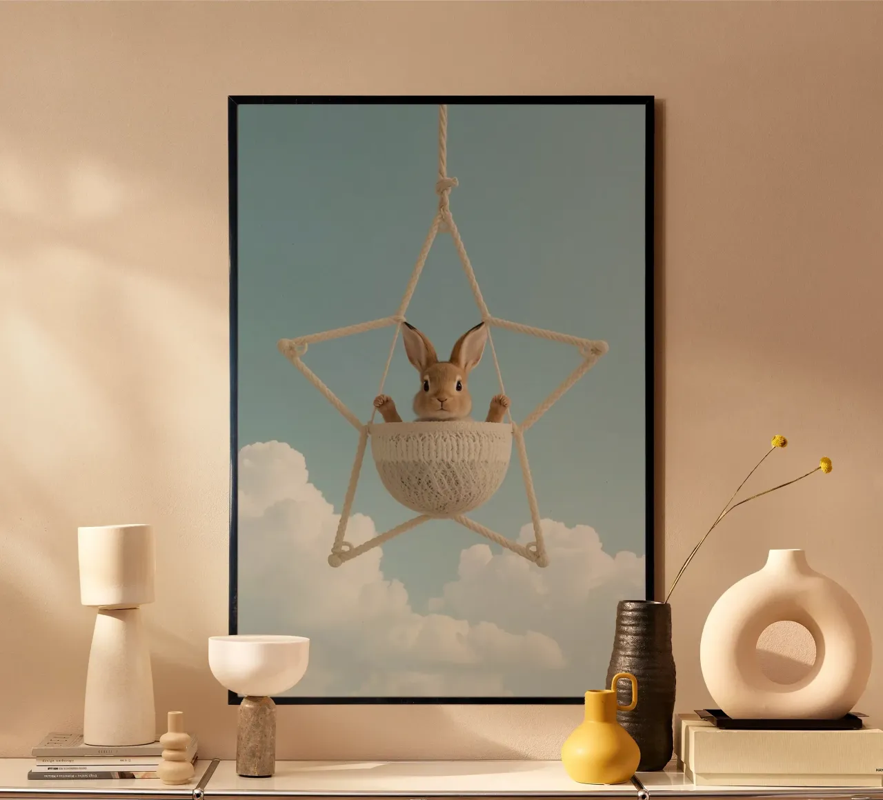 Funny Cute Rabbit in a Star-Shaped Rope Swing (lapin mignon dans une balançoire en corde en forme d'étoile) hahnemühle de DesignDoodle