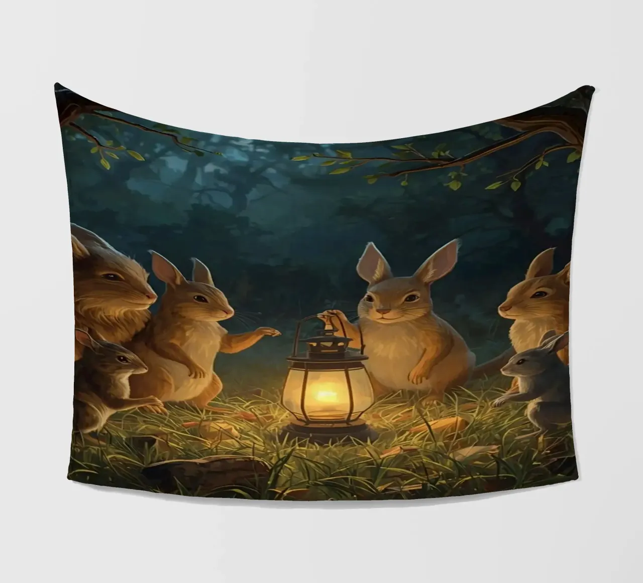 Rabbits and Squirrels Around Lantern For Story Time fleece blanket by DesignDoodle