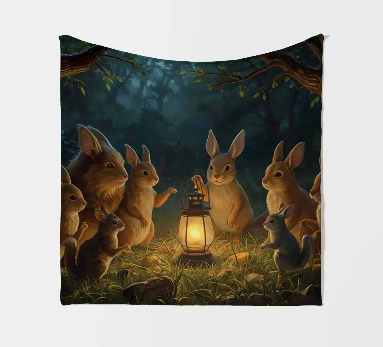 Rabbits and Squirrels Around Lantern For Story Time fleece blanket by DesignDoodle
