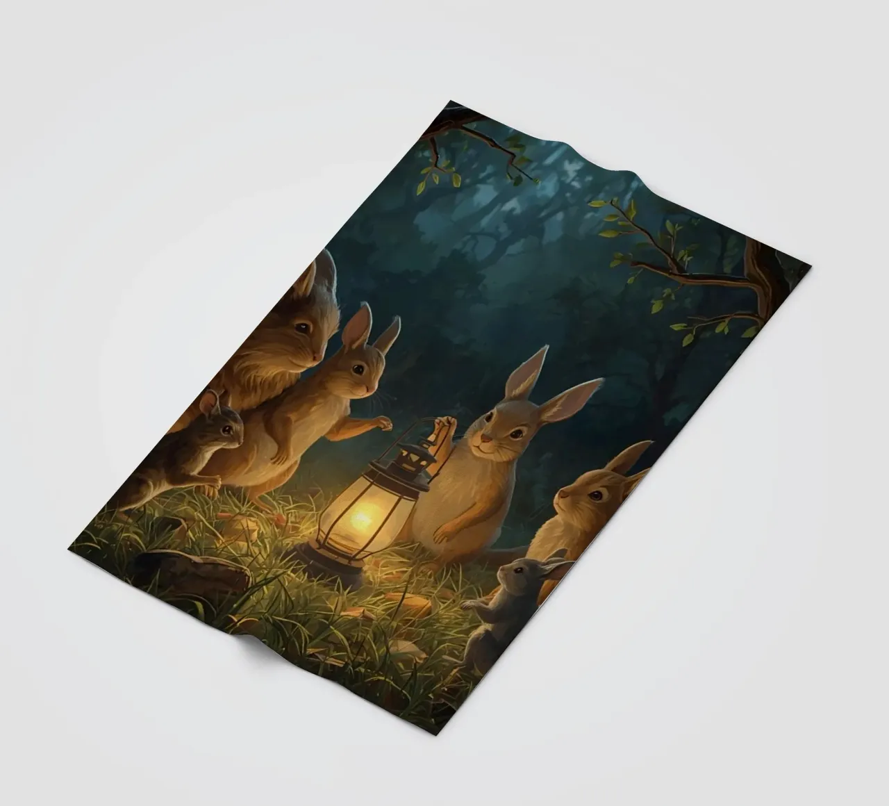 Rabbits and Squirrels Around Lantern For Story Time fleece blanket by DesignDoodle