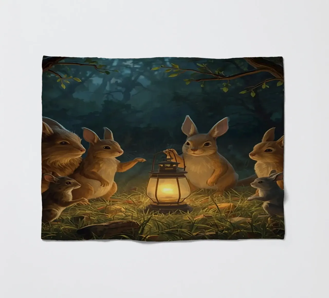Rabbits and Squirrels Around Lantern For Story Time fleece blanket by DesignDoodle