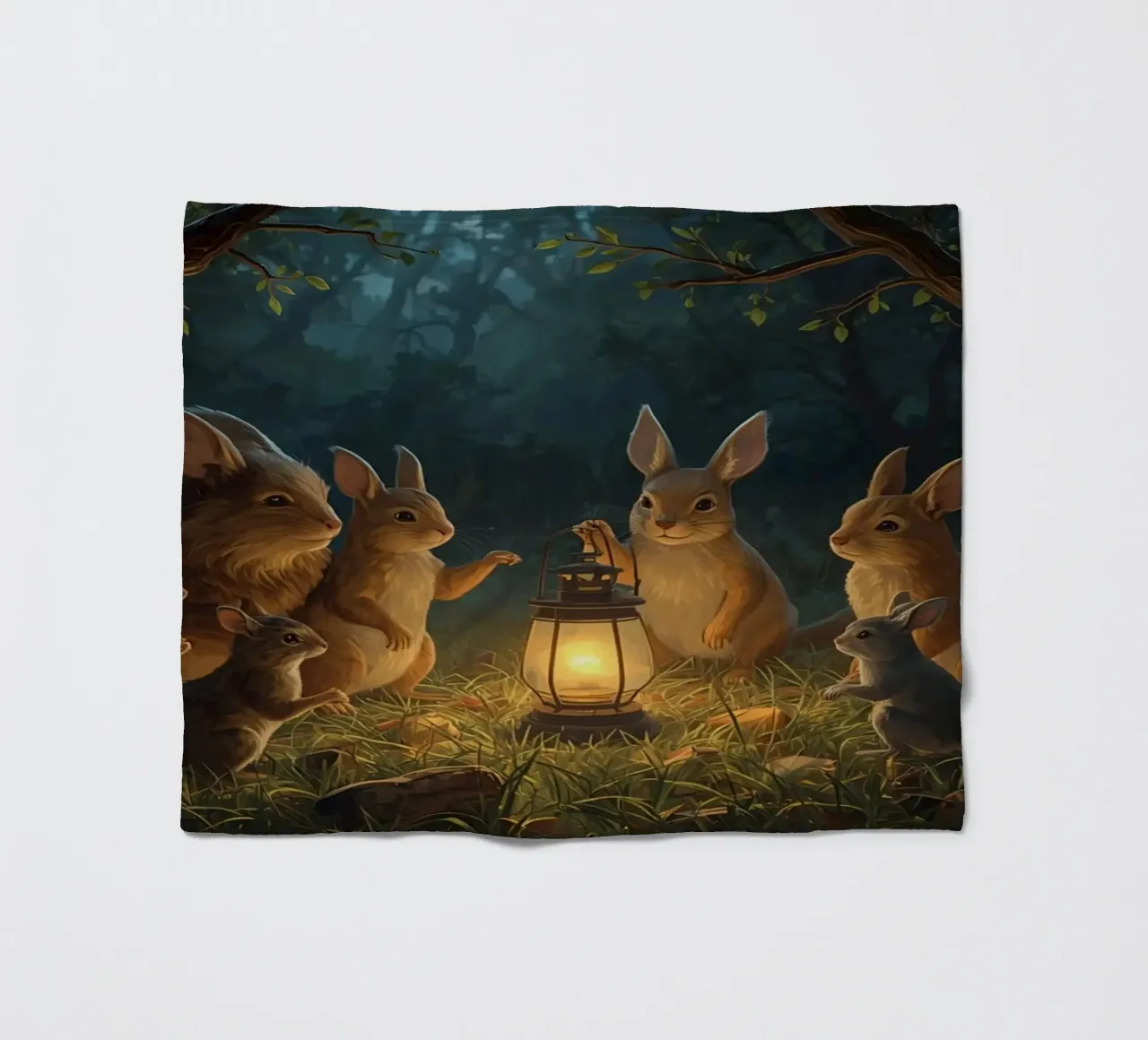 Rabbits and Squirrels Around Lantern For Story Time fleece blanket by DesignDoodle