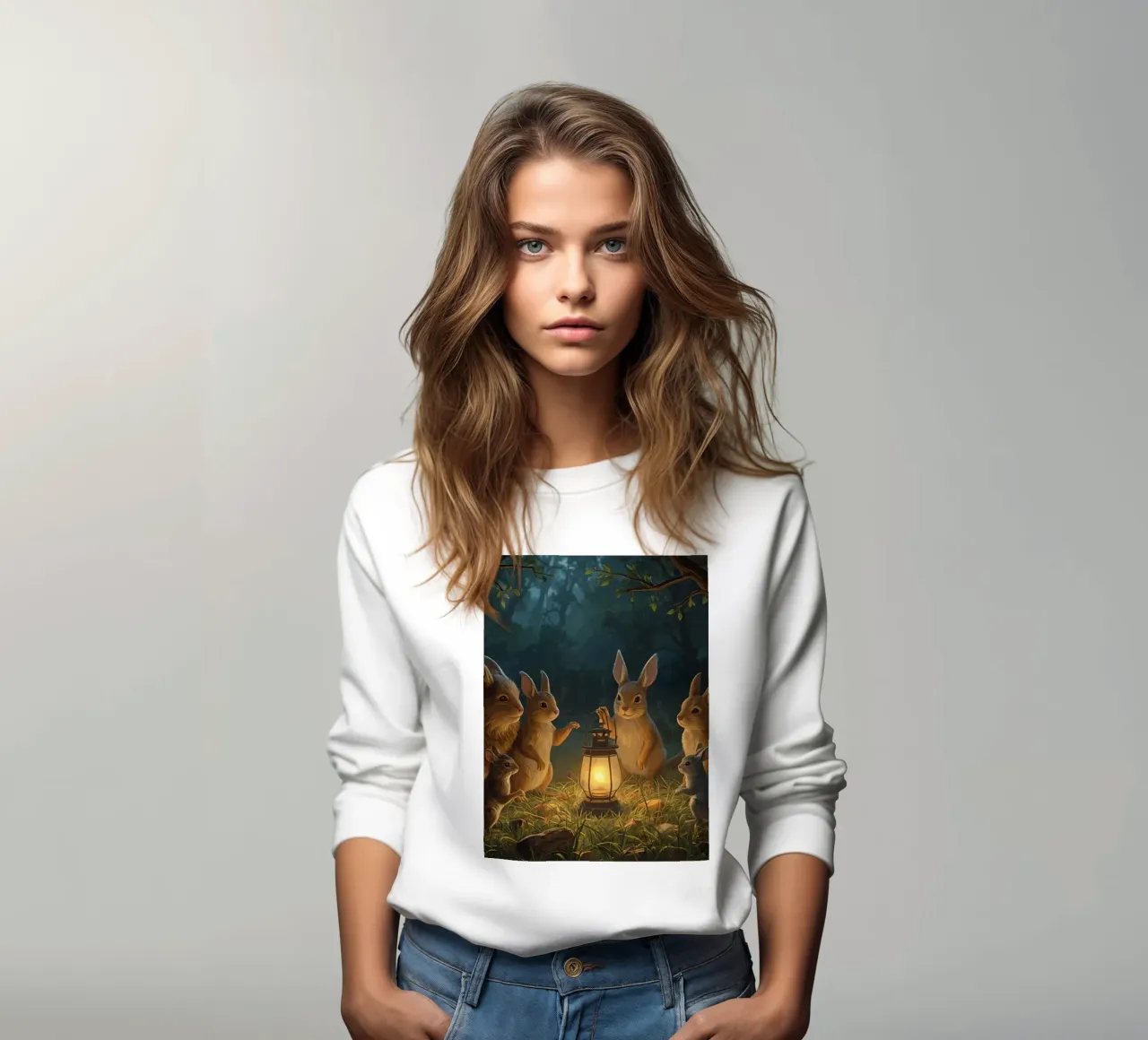Rabbits and Squirrels Around Lantern For Story Time sweatshirt by DesignDoodle
