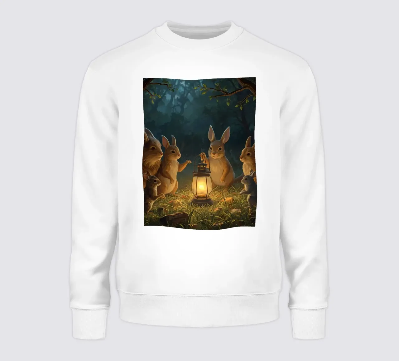 Rabbits and Squirrels Around Lantern For Story Time sweatshirt by DesignDoodle