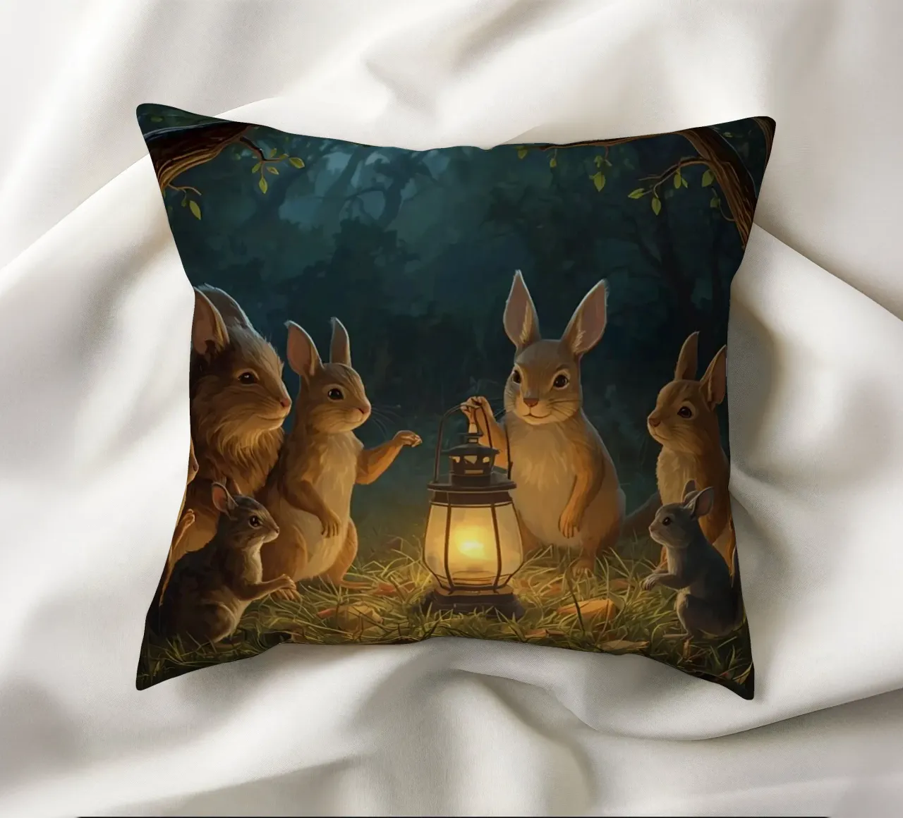 Rabbits and Squirrels Around Lantern For Story Time decorative cushion by DesignDoodle