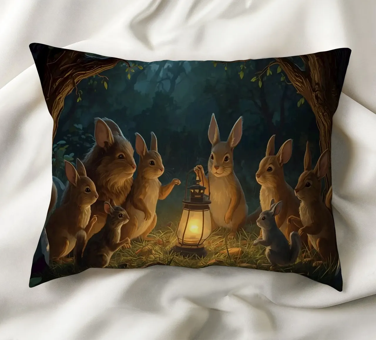 Rabbits and Squirrels Around Lantern For Story Time decorative cushion by DesignDoodle