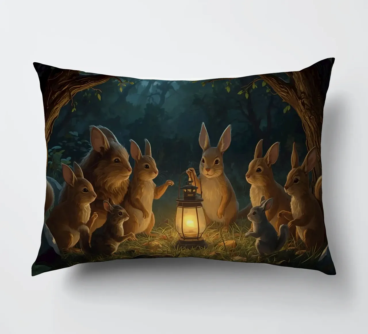 Rabbits and Squirrels Around Lantern For Story Time decorative cushion by DesignDoodle