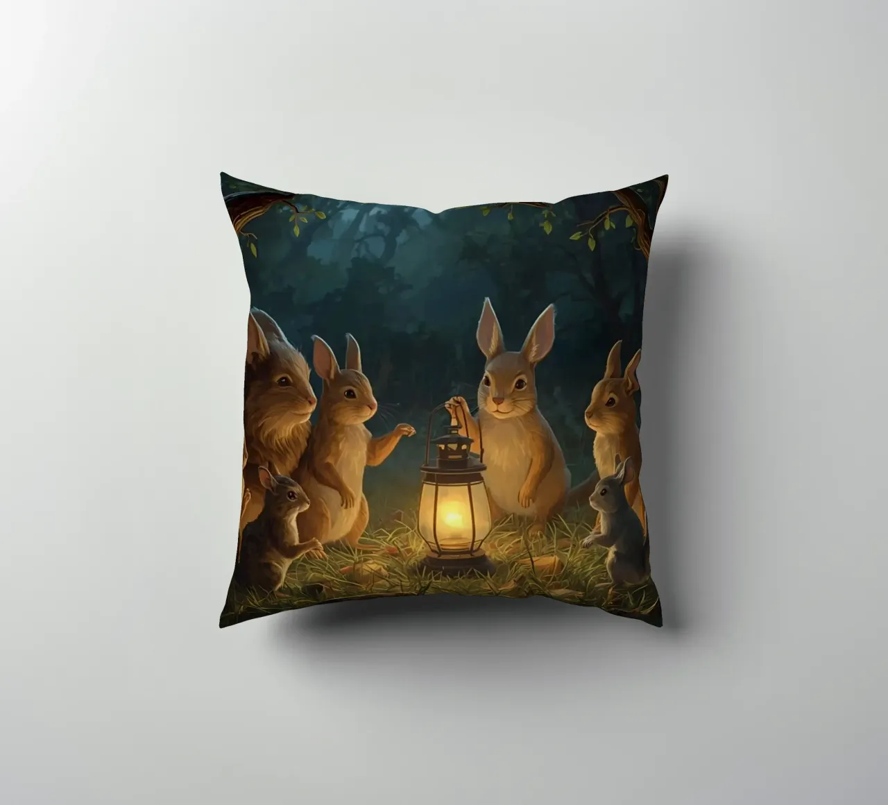 Rabbits and Squirrels Around Lantern For Story Time decorative cushion by DesignDoodle