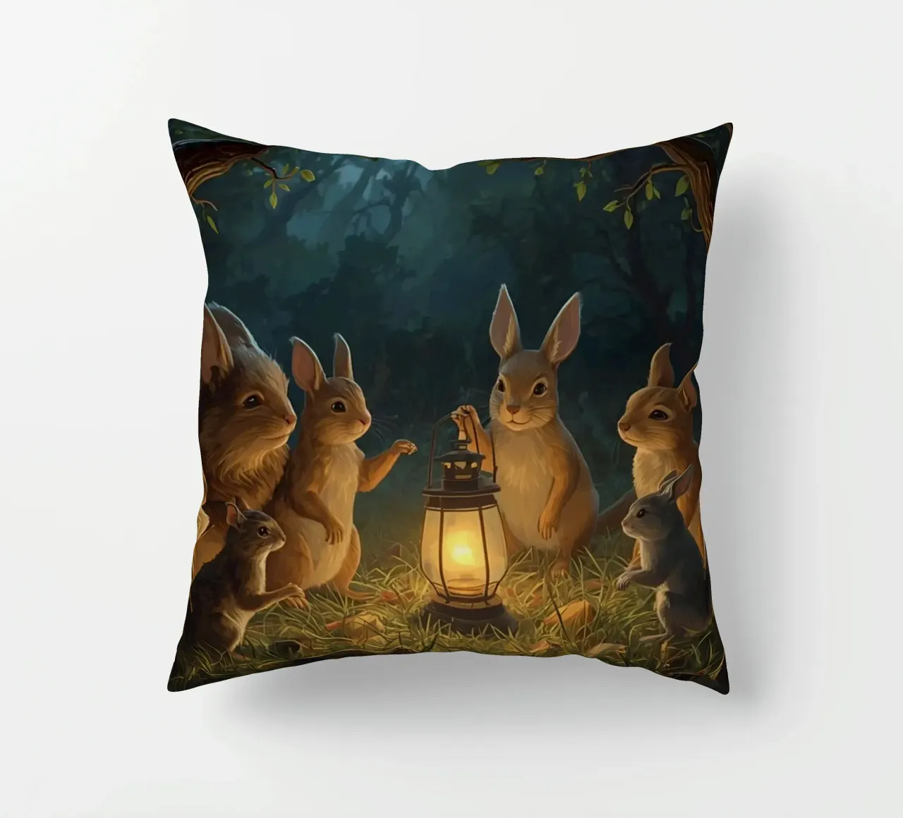 Rabbits and Squirrels Around Lantern For Story Time decorative cushion by DesignDoodle