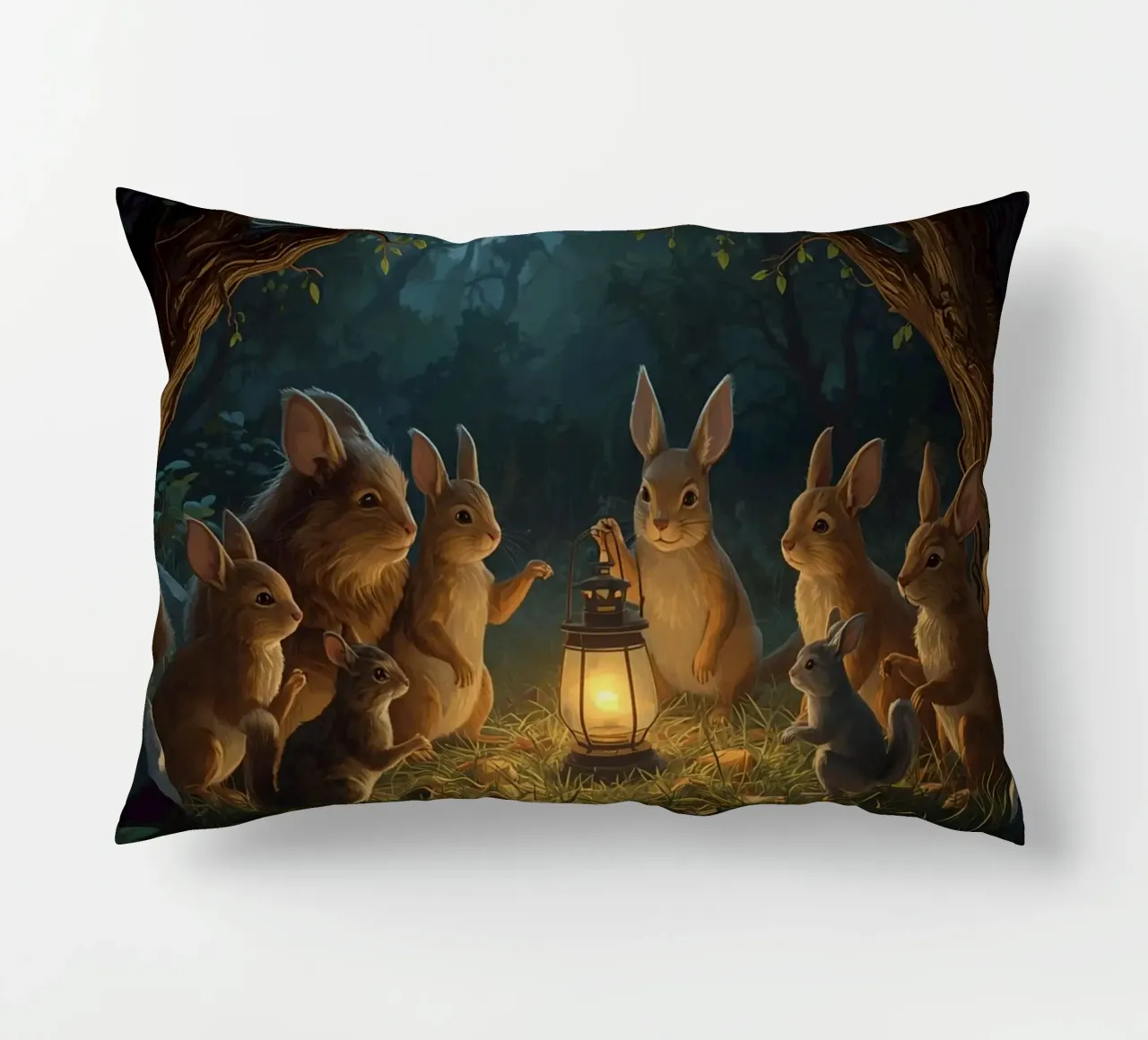 Rabbits and Squirrels Around Lantern For Story Time decorative cushion by DesignDoodle