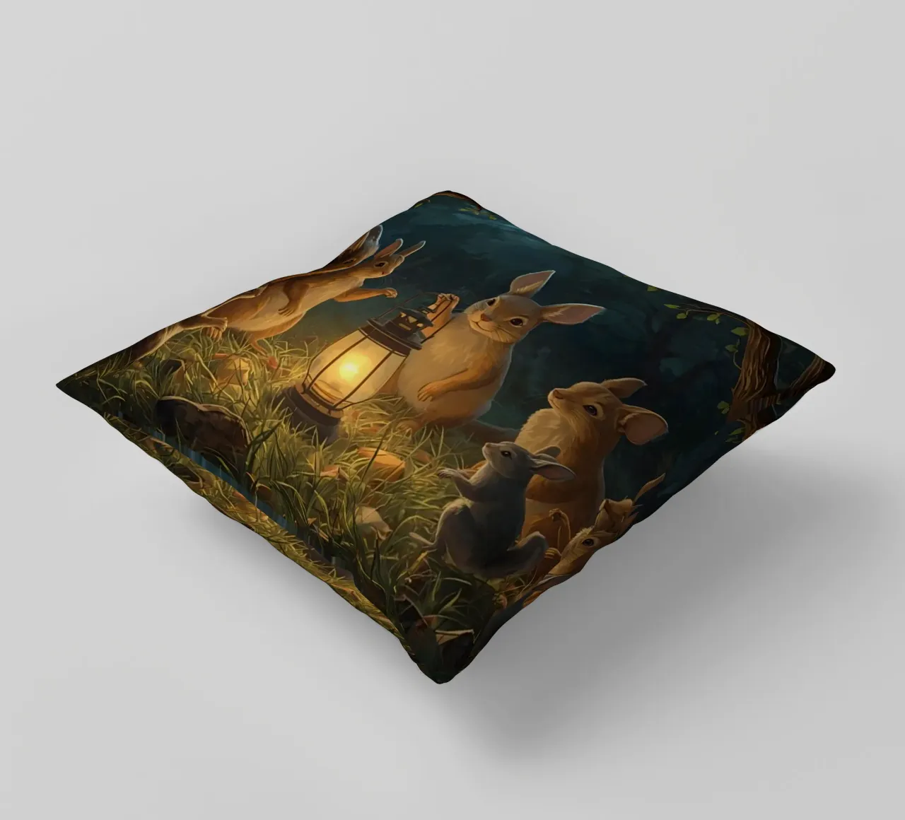 Rabbits and Squirrels Around Lantern For Story Time decorative cushion by DesignDoodle