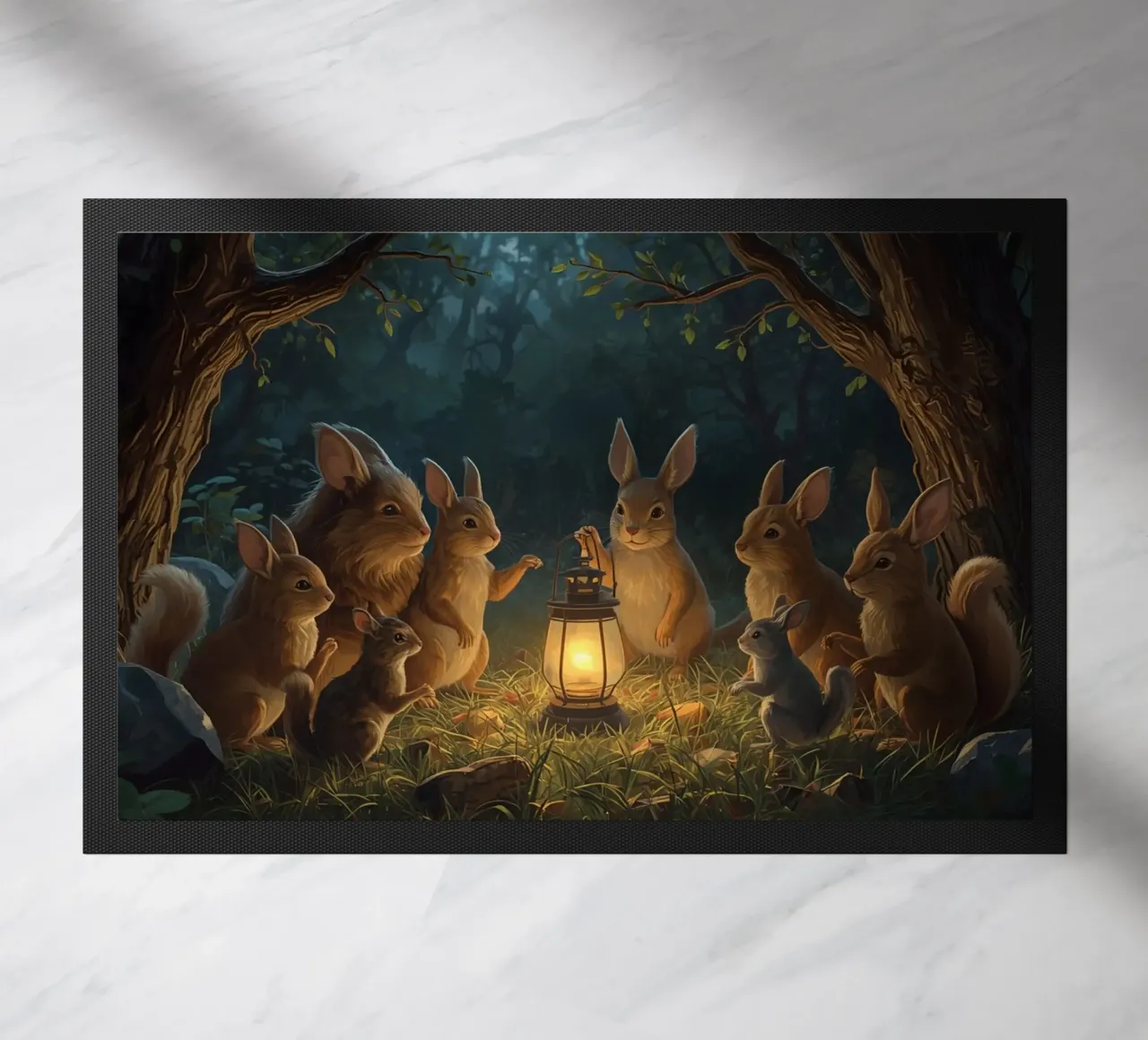 Rabbits and Squirrels Around Lantern For Story Time doormat by DesignDoodle