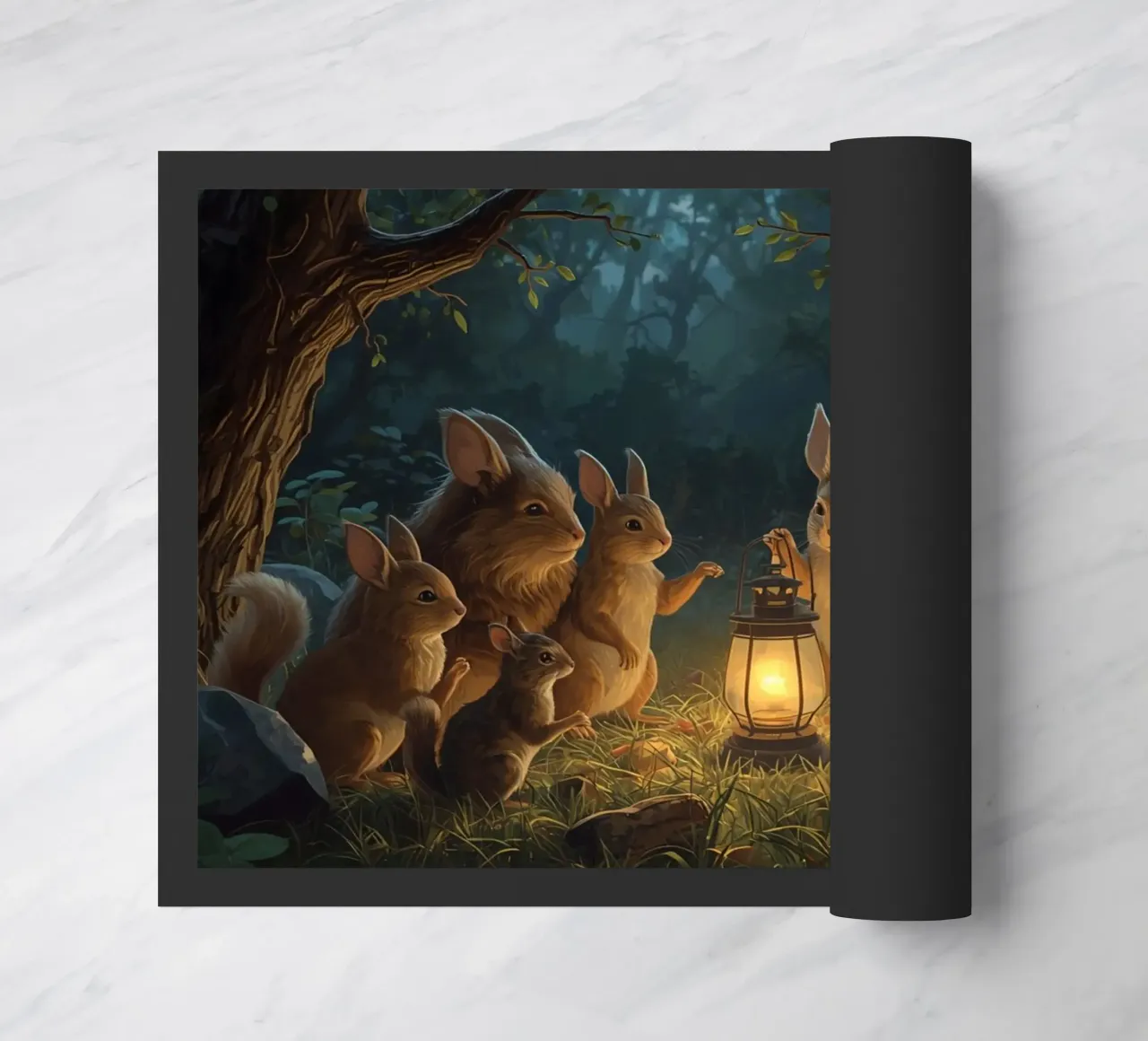 Rabbits and Squirrels Around Lantern For Story Time doormat by DesignDoodle