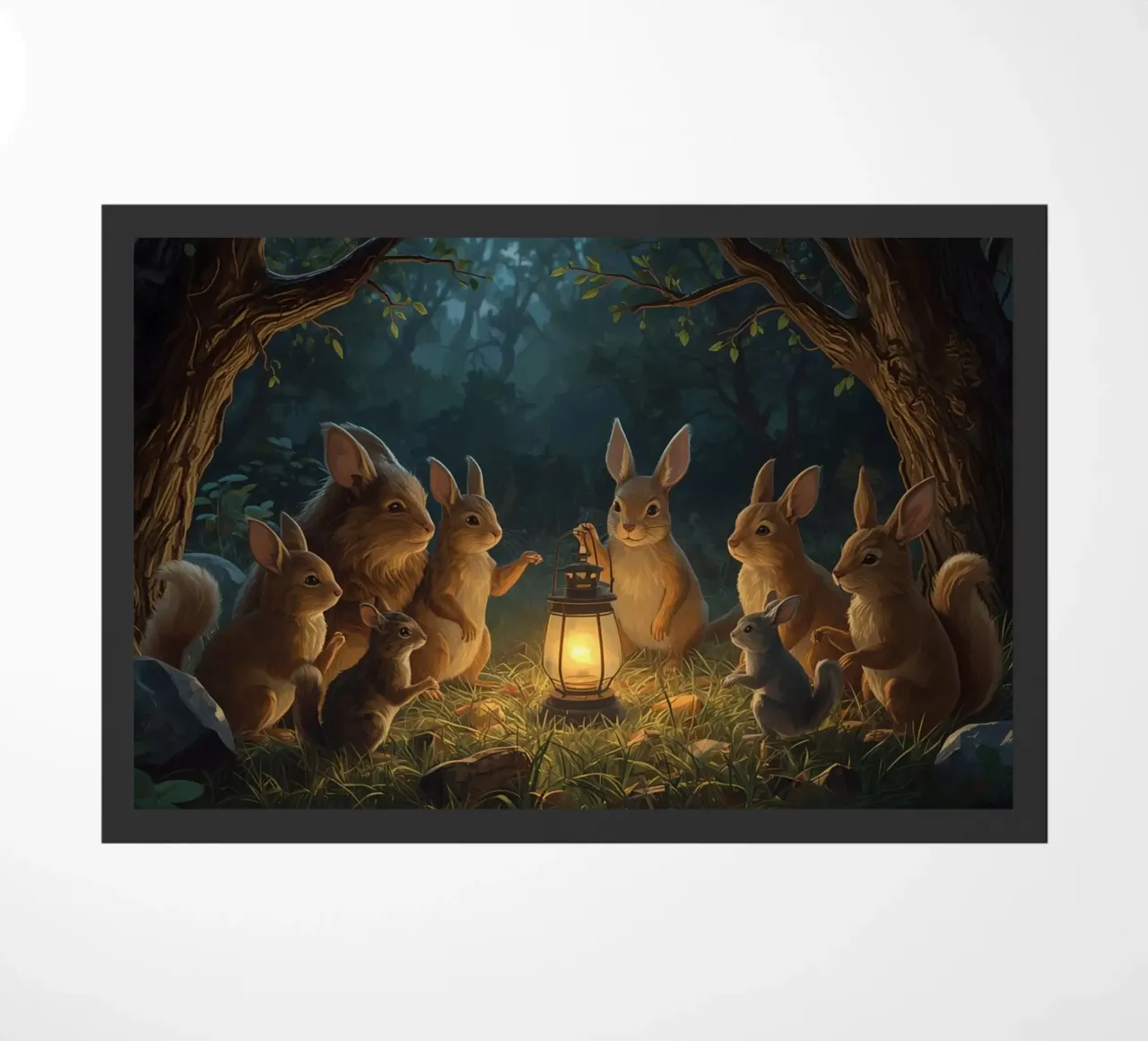 Rabbits and Squirrels Around Lantern For Story Time doormat by DesignDoodle