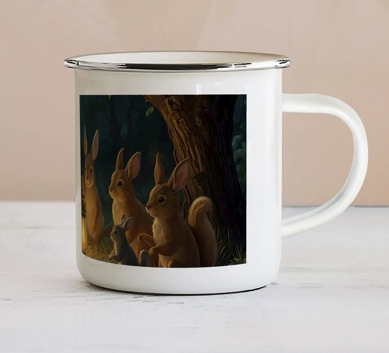 Rabbits and Squirrels Around Lantern For Story Time enamel mug by DesignDoodle
