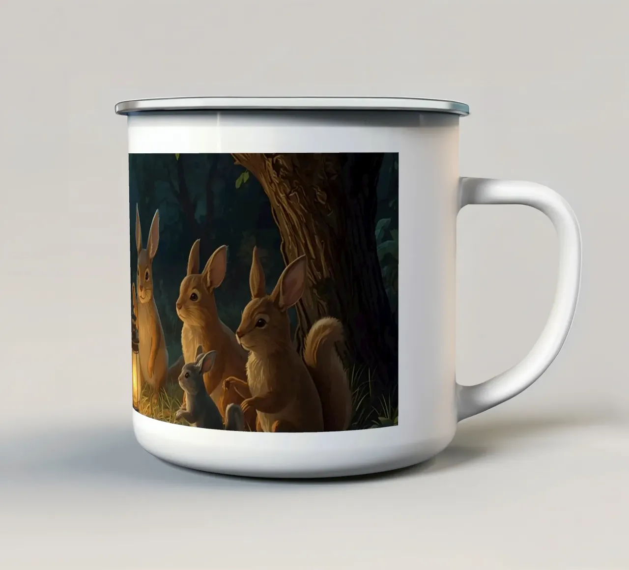 Rabbits and Squirrels Around Lantern For Story Time enamel mug by DesignDoodle